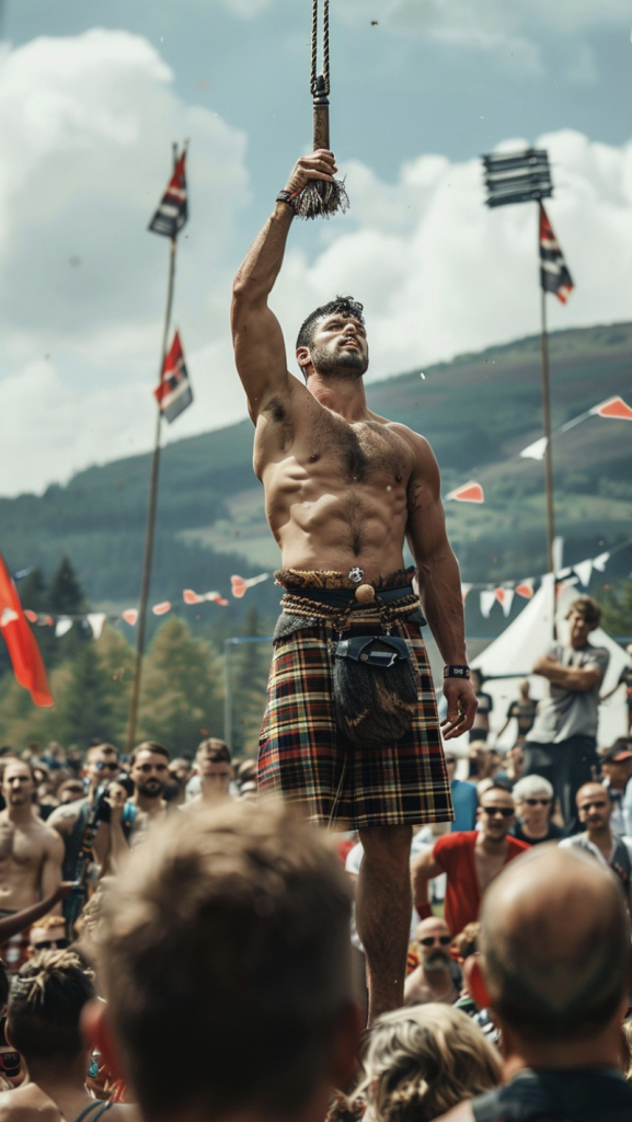 A shirtless man embraces the Highland Games!