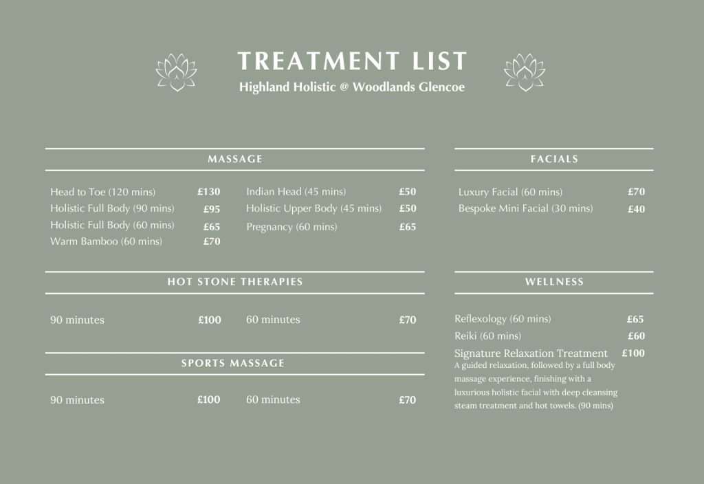 Treatment List for Highland Holistic massage and wellness at Woodlands Glencoe