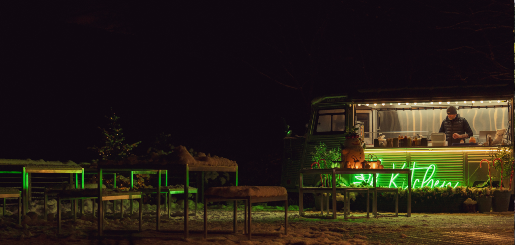 Kitchen Food Truck at Woodlands Glencoe in winter with snow.