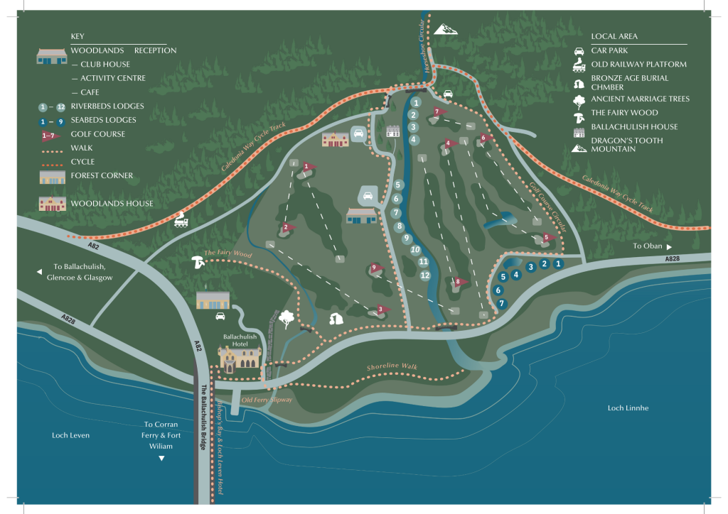 A map of the Woodlands Estate lodges, activity centre and golf course