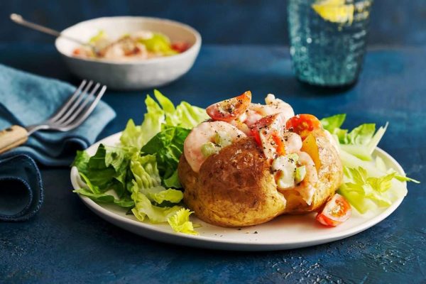 A langoustine filled baked potato with salad at the Tea Garden in Mallaig.