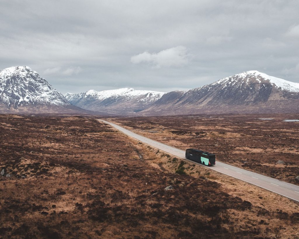 The Ember Bus making it through the mountains of Glencoe.