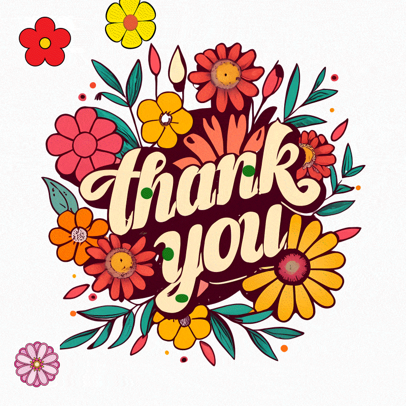Colourful flowers with 'thank you' text.