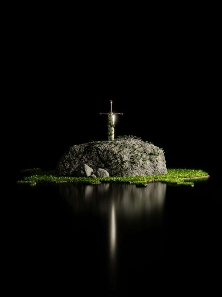 A sword sticks out of a rocky island surrounded by water.