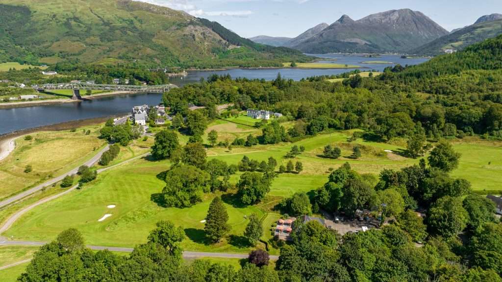 The view towards Woodlands Golf Course in Glencoe from the Woodlands Estate. Loch Linnhe, Loch Leven, mountains.