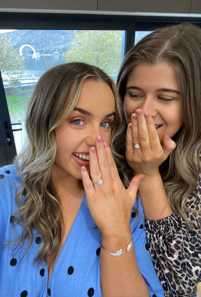 Lauren & Emma proposed at exactly the same time during their stay at Woodlands Glencoe. Showing off engagement rings at SeaBeds Luxury Lookouts.