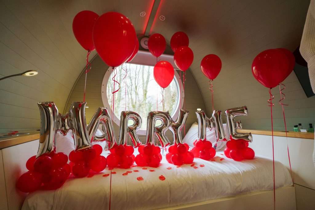 Super romantic proposals and engagements at RiverBeds Luxury Wee Lodges with Hot Tubs at Woodlands Glencoe.