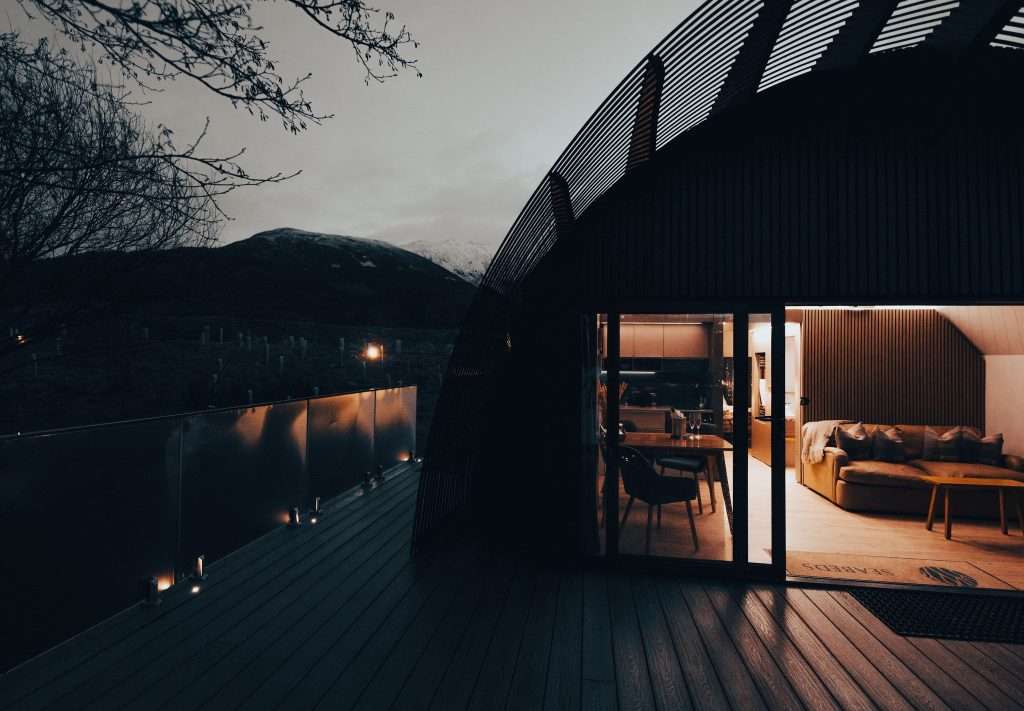 SeaBeds Luxury Lookouts all lit up in autumn in Glencoe.
